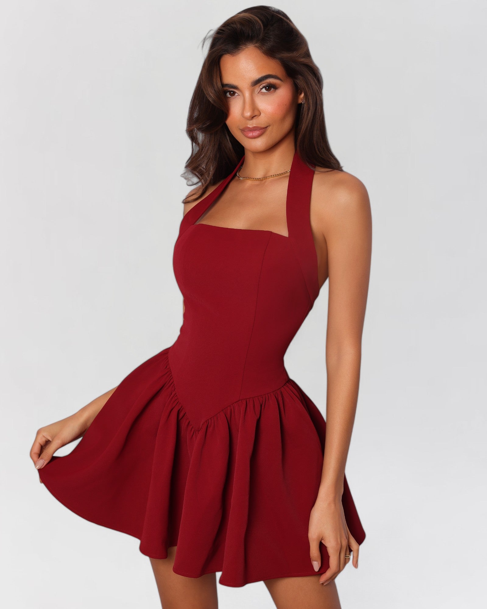 Wine red halter contour a-line mini dress